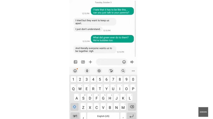 삼성전자의 '초록 방울과 파랑 방울은 함께하기를 바란다. 애플이 도와라' 광고. (사진=삼성전자 미국법인 유튜브 캡처) *재판매 및 DB 금지