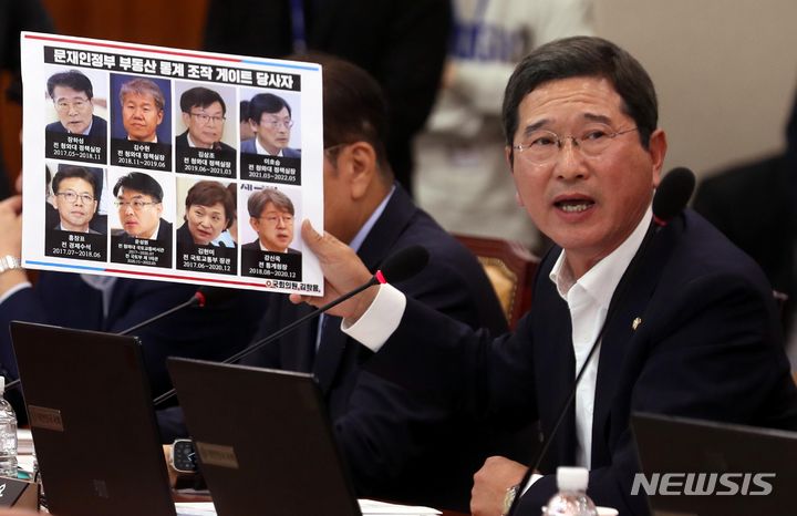 [서울=뉴시스] 조성봉 기자 = 김학용 국민의힘 의원이 10일 오전 서울 여의도 국회에서 열린 국토교통위원회 국정감사에서 '문재인 정부 부동산 통계조작 게이트 당사자' 피켓을 들고 질의를 하고 있다. 2023.10.10. suncho21@newsis.com