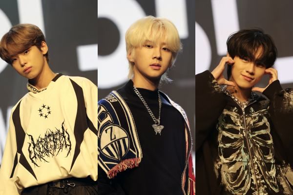 [서울=뉴시스] 그룹 '82MAJOR’(에이티투메이저) 김도균, 남성모, 박석준이 11일 서울 강남구 일지아트홀에서 열린 첫 번째 싱글 'ON' 쇼케이스에서 포즈를 취하고 있다. (사진=그레이트엠엔터테인먼트 제공) 2023.10.11. photo@newsis.com *재판매 및 DB 금지