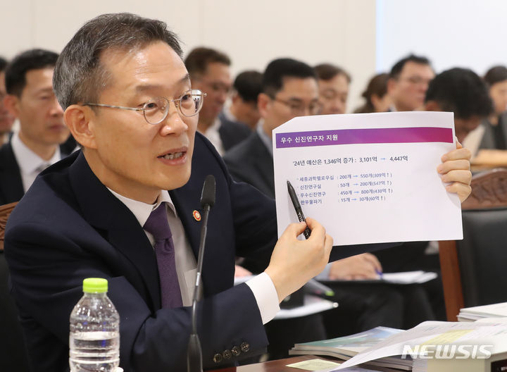 [세종=뉴시스] 강종민 기자 = 11일 세종시 정부세종청사에서 열린 국회 과학기술정보방송통신위원회의 과학기술정보통신부에 대한 국정감사에서 이종호 장관이 R&D 예산삭감 관련 질의에 우수 신진연구자 지원 자료를 설명하고 있다. 2023.10.11. ppkjm@newsis.com