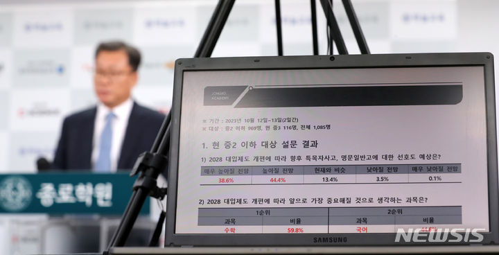 [서울=뉴시스] 김명년 기자 = 지난 15일 오후 서울 양천구 종로학원 목동본원에서 임성호 대표이사의 '초중 학부모 대상 2028 대입개편 긴급분석 및 고입, 대입 전략변화 온라인 설명회'가 열리고 있다. 2023.10.22. kmn@newsis.com