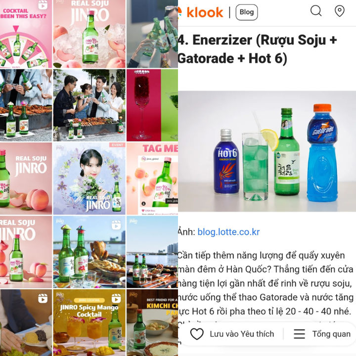 하이트진로, 롯데칠성 등이 베트남 시장을 공략해 SNS에 소주 칵테일을 만드는 법을 소개하고 있다. 사진은 관련 SNS 갈무리. (사진=(왼쪽부터) 하이트진로 인스타그램, 클룩 블로그 갈무리) *재판매 및 DB 금지