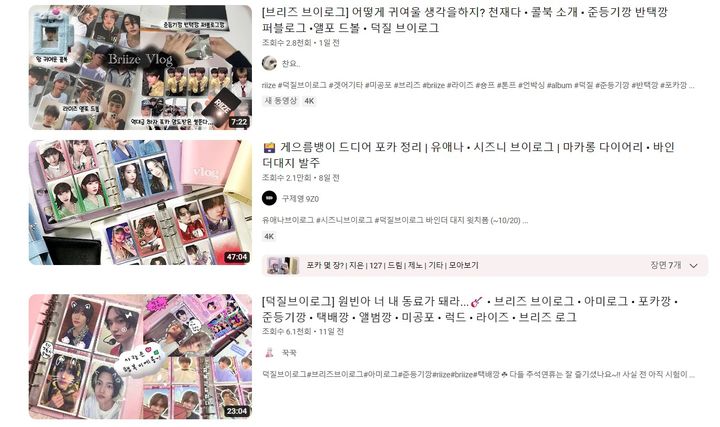 최근 유튜브상에서는 다양한 아이돌 팬들이 자신의 덕질 일상을 기록하고 공유하는 '덕질 브이로그'가 인기를 얻고 있다.(사진=유튜브 캡처) *재판매 및 DB 금지
