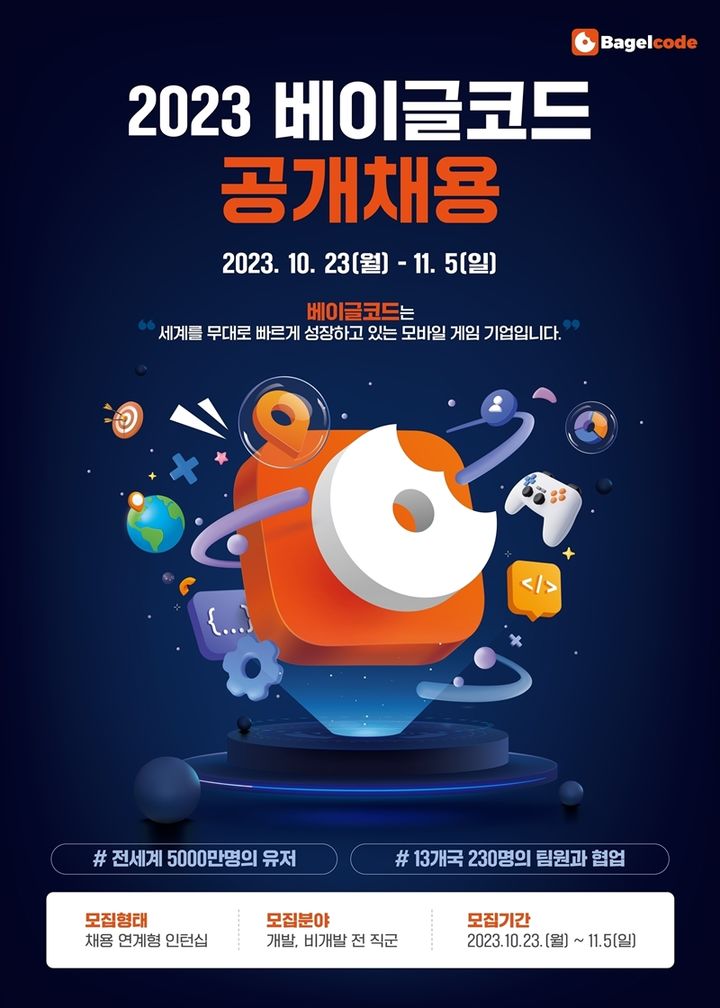 베이글코드는 2023년 채용연계형 인턴십 공개채용을 23일부터 시작한다고 23일 밝혔다.(사진=베이글코드) *재판매 및 DB 금지