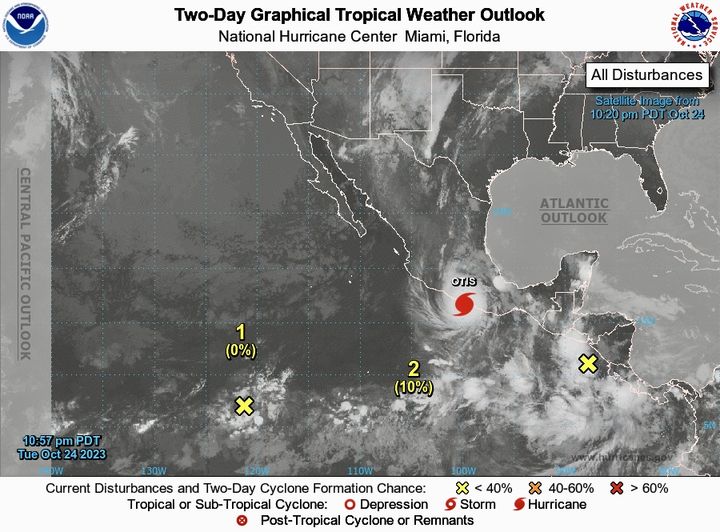 [서울=뉴시스] 강도 5등급의 폭풍 '오티스'가 멕시코를 향해 접근 중이라고 미국 뉴욕타임스가 24일(현지시간) 전했다. 사진은 미국 국립허리케인센터가 인공위성으로 촬영한 폭풍 오티스의 모습. (사진=미국 국립허리케인센터) 2023.10.25. *재판매 및 DB 금지