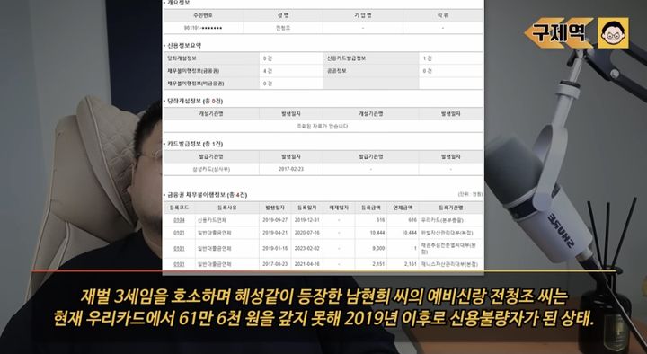 [서울=뉴시스] 26일 유튜브 채널 '구제역'에는 '남현희 전 연인 전청조가 61만원 못 갚아서 신용불량자 된 사연'이라는 제목의 영상이 올라왔다. (사진=유튜브 채널 '구제역' 캡처) 2023.10.26. photo@newsis.com *재판매 및 DB 금지