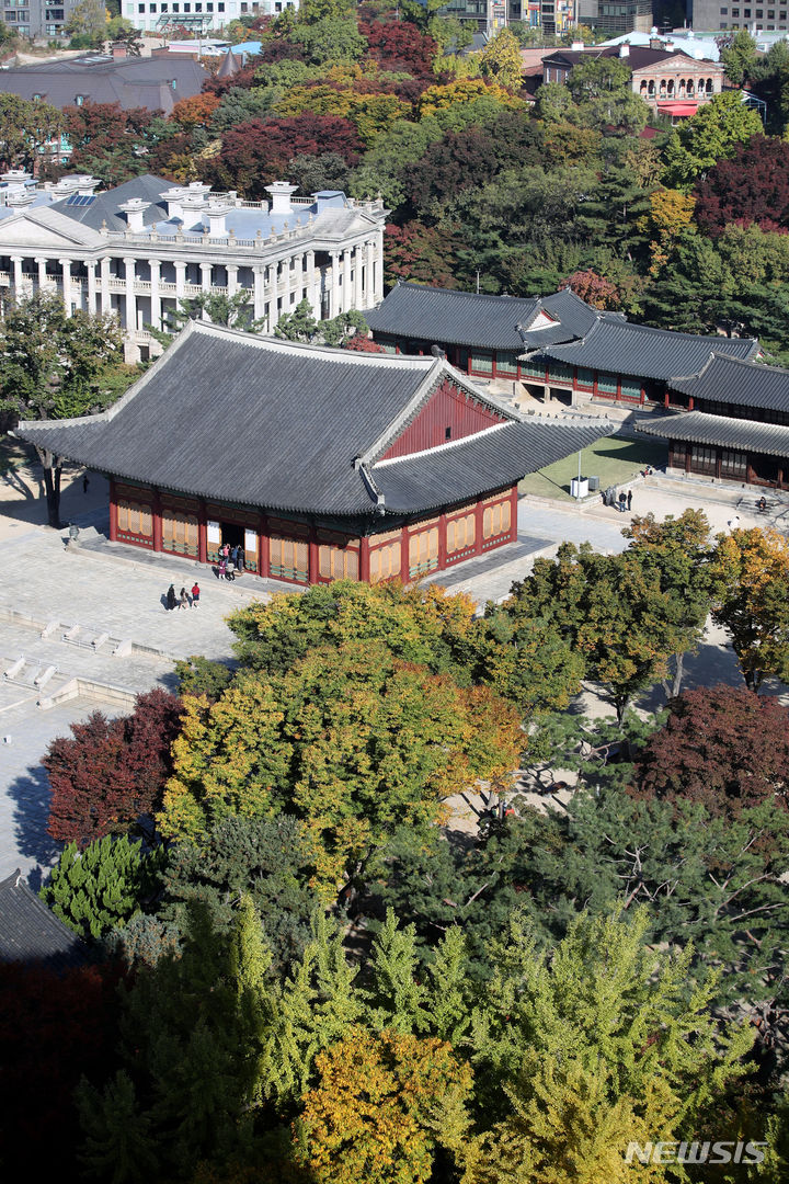 [서울=뉴시스] 김진아 기자 = 본격적인 단풍철을 맞은 29일 서울 중구 덕수궁 일대에 단풍이 물들어 있다. 2023.10.29. bluesoda@newsis.com