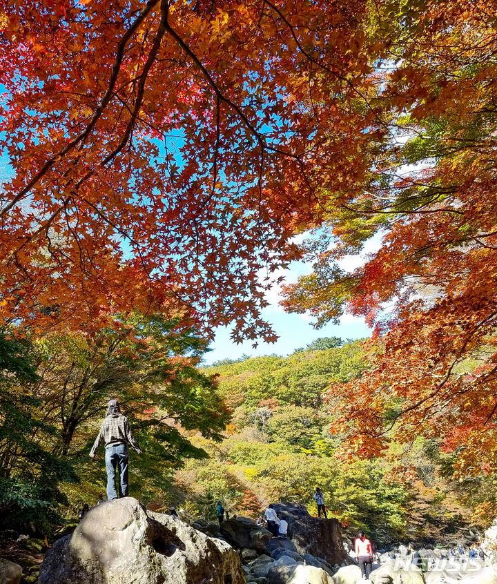 [제주=뉴시스] 우장호 기자 = 화창한 날씨를 보인 29일 오전 제주 한라산 천아계곡을 찾은 관광객들이 오색 단풍을 구경하며 깊어가는 가을을 만끽하고 있다. 2023.10.29. woo1223@newsis.com