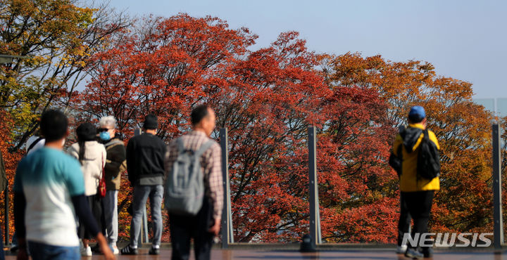 [서울=뉴시스] 김선웅 기자 = 10월의 마지막 주말인 29일 서울 남산공원에서 단풍이 물들어가고 있다. 2023.10.29. mangusta@newsis.com