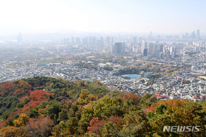 [서울=뉴시스] 김선웅 기자 = 10월의 마지막 주말인 29일 서울 남산공원에서 단풍이 물들어가고 있다. 2023.10.29. mangusta@newsis.com