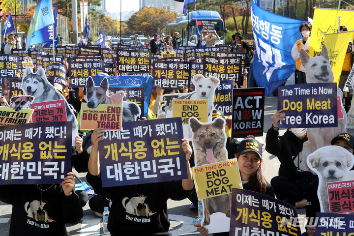 [서울=뉴시스] 조성봉 기자 = 29일 오후 서울 여의도 국회 앞에서 열린 '개 식용 금지법 제정 촉구' 집회에서 참가자들이 구호를 외치고 있다. 동물권 대국민연대는 공동선언문을 통해 “정부와 국회는 완전한 개식용종식을 위한 입법과 실행에 지금 당장 나서라”고 촉구했다. 2023.10.29. suncho21@newsis.com