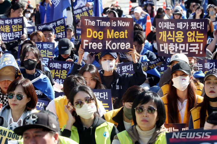 [서울=뉴시스] 조성봉 기자 = 29일 오후 서울 여의도 국회 앞에서 열린 '개 식용 금지법 제정 촉구' 집회에서 참가자들이 구호를 외치고 있다. 동물권 대국민연대는 공동선언문을 통해 “정부와 국회는 완전한 개식용종식을 위한 입법과 실행에 지금 당장 나서라”고 촉구했다. 2023.10.29. suncho21@newsis.com