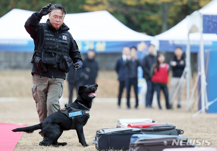 [인천=뉴시스] 공항사진기자단 = 정형군 광주지방철도사법경찰대 수사관이 1일 오전 인천시 중구 영종해안북로 관세인재개발원 탐지견훈련센터에서 열린 제9회 관세청장배 탐지견 경진대회에서 폭발물 탐지 시범을 보이고 있다. 2023.11.01. photo@newsis.com