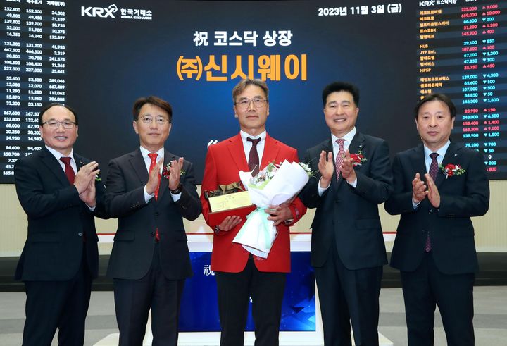 한국거래소 코스닥시장본부는 11일 3일 오전9시 서울사옥 홍보관에서 데이터베이스 보안 전문업체인 신시웨이의 코스닥시장 상장기념식을 개최했다. (왼쪽부터) 강왕락 코스닥협회 부회장, 이부연 한국거래소 코스닥시장본부장보, 정재훈 신시웨이 대표, 감성한 IBK투자증권 부사장, 유도석 한국IR협의회 상무가 상장기념패 전달 후 기념촬영하고 있다(사진=한국거래소 제공) *재판매 및 DB 금지