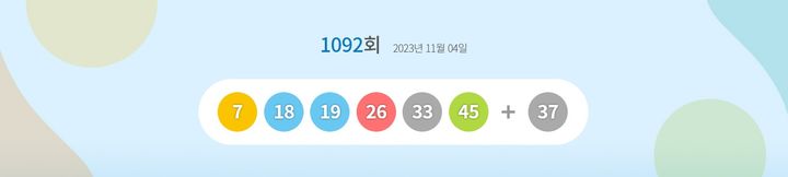 [서울=뉴시스] 4일 제1092회 동행복권 로또 추첨 결과 '7, 18, 19, 26, 33, 45'가 1등 당첨 번호로 결정됐다. 2등 보너스 번호는 '37'이다. (사진=동행복권 홈페이지 캡쳐) 2023.11.04. photo@newsis.com *재판매 및 DB 금지