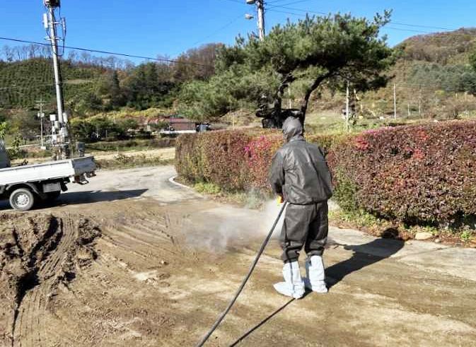 [충주=뉴시스] 이도근 기자= 7일 럼프스킨병 확진판정이 나온 주덕읍 사락리 한 축산농가 입구에서 방역 작업이 이뤄지고 있다. (사진=충주시 제공) 2023.11.7. photo@newsis.com *재판매 및 DB 금지