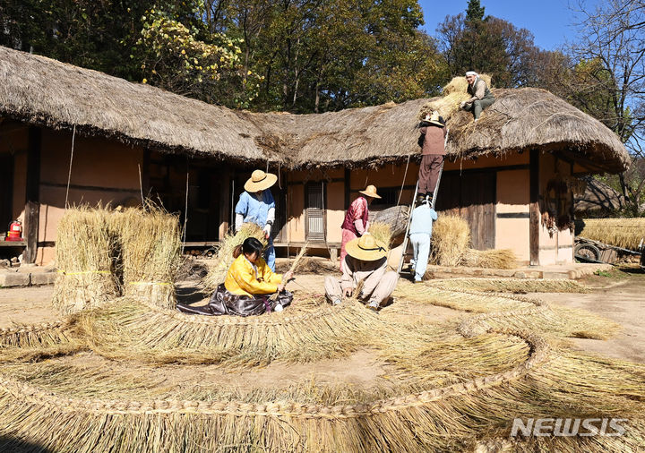 [용인=뉴시스] 김종택기자 = 절기상 입동(立冬)을 하루 앞둔 7일 경기도 용인 한국민속촌에서 관계자들이 초가지붕에 올릴 용마름과 이엉잇기 작업을 하며 겨울 준비를 하고 있다. 2023.11.07. jtk@newsis.com