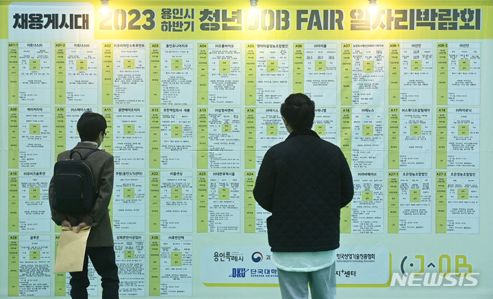 [용인=뉴시스] 지난 11월8일 경기 용인시 단국대학교 죽전캠퍼스에서 열린 하반기 일자리 박람회 '청년 잡페어(JOB FAIR)'를 찾은 방문객들이 채용게시대를 살펴보고 있다. (사진=뉴시스 DB). photo@newsis.com