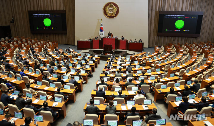 [서울=뉴시스] 고범준 기자 = 지난 9일 오후 서울 여의도 국회에서 열린 제410회 국회(정기회) 제11차 본회의에서 노동조합 및 노동관계조정법 일부개정법률안(대안)이 재적 298인, 재석 174인, 찬성 173인, 반대 0인, 기권 1인으로 가결되고 있다.  2023.11.09. bjko@newsis.com