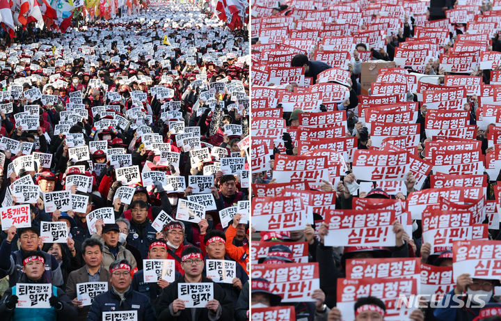 [서울=뉴시스] 권창회 기자 = 11일 민주노총과 한국노총이 윤석열 정권 퇴진과 대정부 투쟁을 결의하는 대규모 도심 집회를 개최했다. 사진 왼쪽부터 서대문역 인근에서 열린 민주노총 집회와 여의대로 일대에서 열린 한국노총 집회. 2023.11.11. kch0523@newsis.com