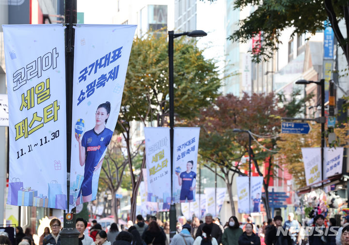 [서울=뉴시스] 김금보 기자 = 서울 중구 명동 거리에 코리아세일페스타 홍보 현수막이 걸려있다. 2023.11.12. kgb@newsis.com