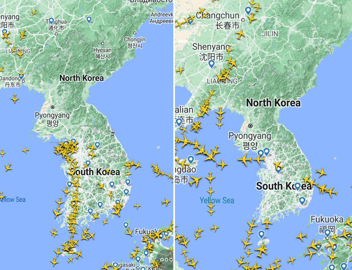 [서울=뉴시스] 홍찬선 기자 = 16일 24학년도 대학수학능력시험 영어듣기평가 시간(오후 1시10분부터 35분까지) 25분간 국내공항에서 항공기 이착륙이 전면 중단됐다. 사진은 플라이트레이더24(Flightradar24)를 통해 이날 오전 9시(왼쪽)와 수능 영어듣기평가가 실시되는 같은날 오후 1시30분(오른쪽) 한반도 상공에서 운행되는 항공기 운항 모습. 2023.11.16. (사진=Flightradar24  캡쳐) photo@newsis.com *재판매 및 DB 금지