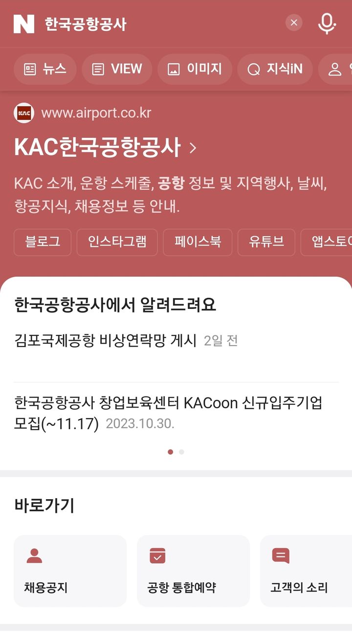 [서울=뉴시스] 한국공항공사는 지난 16일부터 공공기관 최초로 네이버에서 인공지능(AI) 기반으로 이용객들이 필요로 하는 공항 관련 정보를 정확하게 표출하는 서비스를 시작했다고 17일 밝혔다. 사진은 네이버 표출 모습. 2023.11.17. (사진=한국공항공사 제공) photo@newsis.com *재판매 및 DB 금지