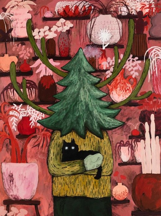 Green Master 84, 2023, acrylic on canvas, 259 x 194cm시리즈는 초상화 형식의 작품이다. 작가의 캐릭터를 전면에 내세우며 뒤편은 식물 화분이 가득한 상황을 묘사했다. 상상해 보자면 강아지, 고양이 등을 안고 서 있는 혼종 캐릭터가 식물을 다루는 역량을 드러낸다. *재판매 및 DB 금지