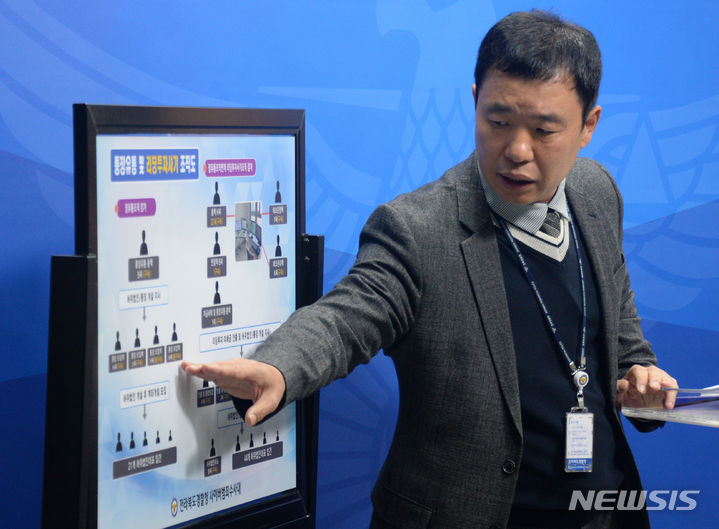 [전주=뉴시스] 김얼 기자 = 김광수 전북경찰청 사이버범죄수사대 대장이 20일 전북 전주시 전북경찰청 기자실에서 허위 리딩방 개설 및 대포통장 수십억 편취 일당 송치 관련 브리핑을 열고 질의에 답변하고 있다. 2023.11.20. pmkeul@newsis.com