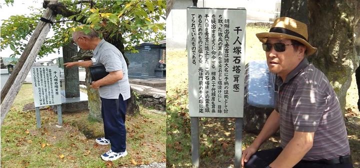 [울산=뉴시스]아카미네 씨(사진 왼쪽)와 김문길 명예교수가 조선인의 귀 무덤을 설명하고 있는 모습. *재판매 및 DB 금지