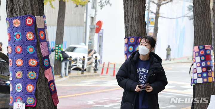 [인천=뉴시스] 전진환 기자 = 22일 오후 인천 미추홀구청 인근 인도의 가로수가 겨울옷을 입고 있다. 2023.11.22. amin2@newsis.com