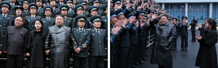 [서울=뉴시스] 김정은 북한 국무위원장이 첫 군사정찰위성 '만리경 1호' 발사 성공을 축하하는 의미에서 23일 국가항공우주기술총국을 방문해 과학자, 기술자 등과 기념사진을 찍고 있다. 딸 주애도 동행했다. 2023.11.24. (사진=노동신문 캡처)  *재판매 및 DB 금지