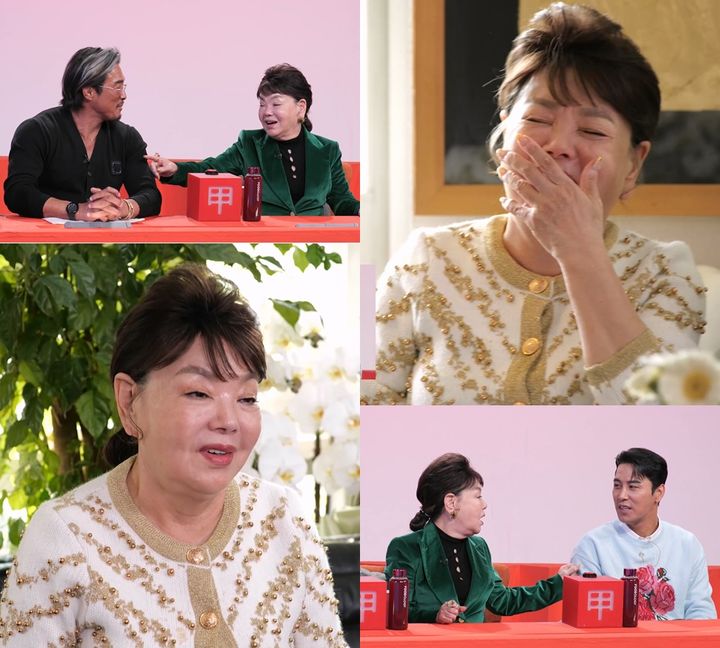 [서울=뉴시스] 26일 오후 4시45분 방송되는 KBS 2TV 예능물 '사장님 귀는 당나귀 귀'에서 전 이종격투기 선수 추성훈과 가수 장민호가 배우 김수미를 사이에 두고 아들 싸움을 벌인다. (사진=KBS 2TV '사장님 귀는 당나귀 귀' 제공) 2023.11.24. photo@newsis.com *재판매 및 DB 금지