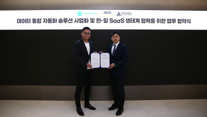 (왼쪽부터)프라임넘버 타베 유키 대표와 메가존클라우드 이주완 대표가 지난 24일 서울 역삼동 메가존클라우드 회의실에서 ‘데이터 통합 자동화 솔루션 사업화 및 한-일 SaaS 생태계 협력을 위한 업무 협약’을 체결한 후 협약서를 교환하고 있다(사진=메가존클라우드 제공) *재판매 및 DB 금지