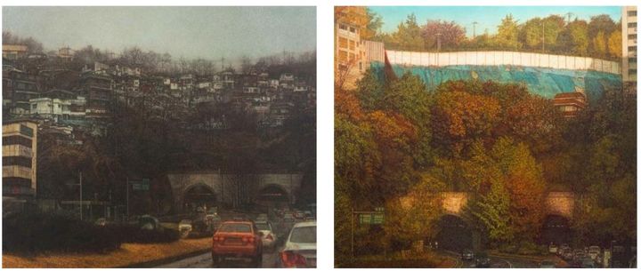 이만나 <더 이상 거기에 없는 풍경> 2020, 캔버스에 유채, 194x259cm 우) 이만나 <가변풍경> 2022, 캔버스에 유채, 112x145.5cm *재판매 및 DB 금지