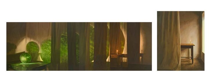 정보영 <Flowing and Pause> 2022, 캔버스에 유채, 162x454cm 우) 정보영 <Lighting up> 2023, 캔버스에 유채, 130.3x89.4cm *재판매 및 DB 금지