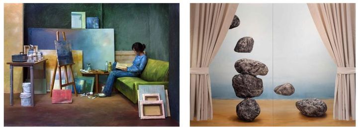 유현미 <Studio> 2023, 캔버스에 잉크젯 프린트, 130x194cm 우) 유현미 <자기복제(돌구름 No.6)> 2023, 캔버스에 잉크젯 프린트, 유채, 194x260cm *재판매 및 DB 금지