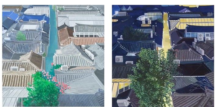 윤정선 <지붕들_초여름> 2022, 캔버스에 아크릴, 130.3x130.3cm 우) 윤정선 <지붕들_여름밤> 2023, 캔버스에 아크릴, 130.3x130.3cm *재판매 및 DB 금지