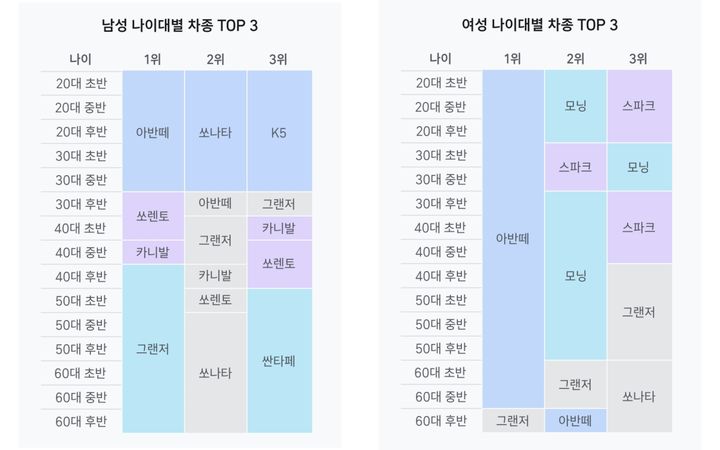 [서울=뉴시스] 티맵모빌리티 '티맵 운전점수'에 등록된 이용자들의 성별·연령대별 차량 선호도 (표=티맵 앱 캡처) *재판매 및 DB 금지