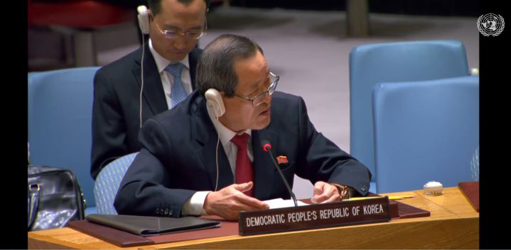 [워싱턴=뉴시스]김성 주유엔 북한대사 27일 오전 10시(현지시간) 미국 뉴욕 유엔본부에서 북한의 3차 군사정찰위성 발사 대응을 위한 공개회의에 참석해 발언하고 있다. (사진=유엔웹TV 캡쳐). 2023.11.28 *재판매 및 DB 금지