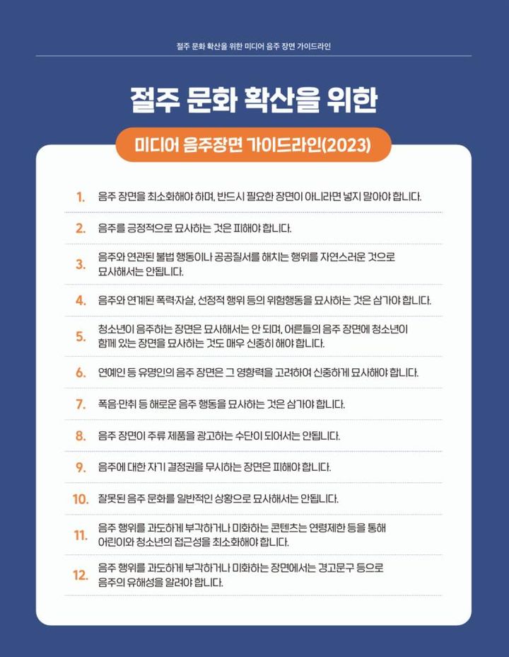 [세종=뉴시스]보건복지부와 한국건강증진개발원이 29일 음주폐해예방의 달을 맞아 '절주 문화 확산을 위한 미디어 음주장면 가이드라인(2023)' 개정판을 공개했다. 자료는 가이드라인. (자료=복지부 제공) 2023.11.29. photo@newsis.com *재판매 및 DB 금지