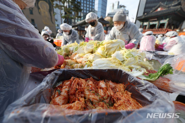 [서울=뉴시스] 김선웅 기자 = 29일 서울 종로구 조계사에서 승려·신도들이 김장 봉사를 하고 있다. 조계사와 도농 교류 중인 해남군 후원 배추로 만들어진 김장김치는 종로구 관내 주민센터를 통해 취약계층에 전달된다. 2023.11.29. mangusta@newsis.com