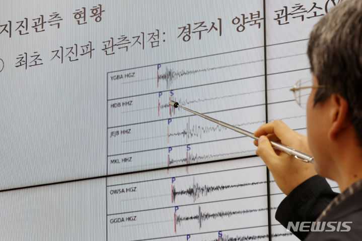 [서울=뉴시스] 조성우 기자 = 대형 지진의 계기가 됐던 2016년 경주 지진 이후 국내 지진 활동은 10년째 그 이전보다 활발한 수준을 이어가고 있다. 사진은 기상청이 2023년 11월 30일 경북 경주에서 발생한 규모 4.0의 지진 관련 정보를 보여주고 있는 모습. 2023.11.30. xconfind@newsis.com