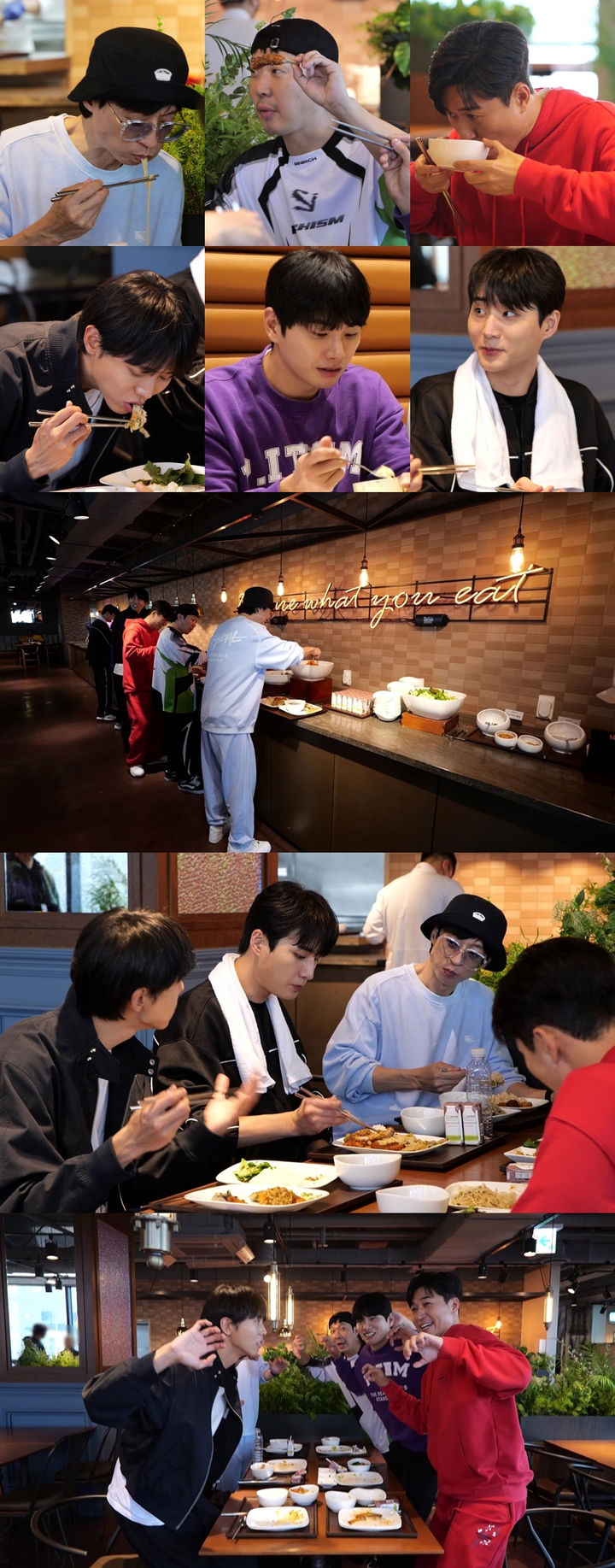 [서울=뉴시스] 2일 오후 6시30분 방송되는 MBC TV 예능물 '놀면 뭐하니?'에서는 원탑 멤버들이 유기농 맛집으로 소문난 JYP 구내식당을 찾는 모습이 그려진다. (사진 = MBC '놀면 뭐하니?' 제공) 2023.12.02. photo@newsis.com *재판매 및 DB 금지