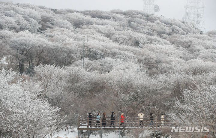 [제주=뉴시스] 우장호 기자 = 제주 한라산 1100고지 습지를 찾은 관광객들이 눈꽃을 감상하며 즐거운 시간을 보내고 있다. woo1223@newsis.com