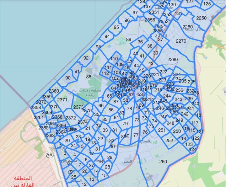 [서울=뉴시스]이스라엘은 팔레스타인 무장정파 하마스와 일시 휴전이 종료된 뒤 가자지구에 대한 대대적인 공격을 이어가는 가운데 민간인 피해를 막기 위한 ‘대피 지도’를 계속 사용하고 있다고 밝혔다. 사진은 이스라엘군이 지난 1일(현지시간) 온라인을 통해 공개한 대피지도. 2023.12.03 *재판매 및 DB 금지