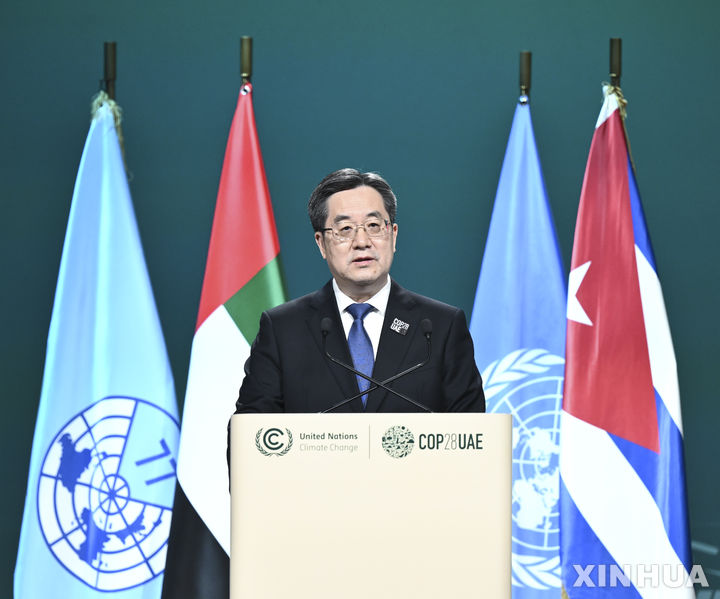 [두바이=신화/뉴시스] 중국 서열 6위 딩쉐샹 중앙정치국 상무위원 겸 부총리는 2일(현지시간) 아랍에미리트(UAE) 두바이에서 열린 유엔기후변화협약 당사국총회(COP28)에서 연설하고 있다. 2023.12.03