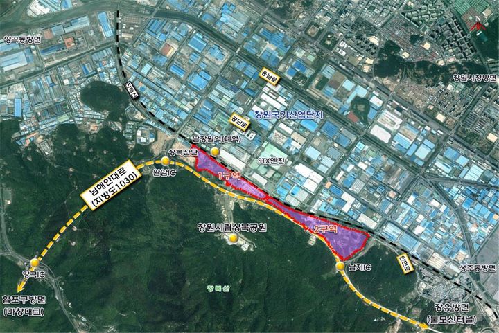 [창원=뉴시스] 강경국 기자 = 경남 창원시 성산구 완암동, 상복동, 남지동 일원 43만6116㎡에 조성 중인 창원국가산단 확장 사업 위치도. (사진=창원시청 제공). 2023.12.05. photo@newsis.com *재판매 및 DB 금지