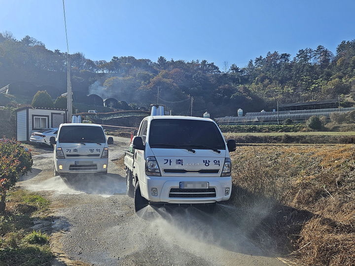 오리농장 진입로 소독하는 방역차량 *재판매 및 DB 금지