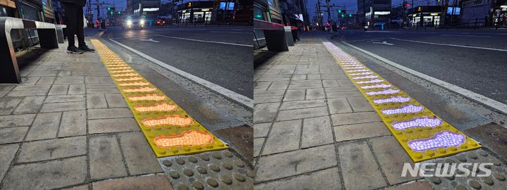 [화성=뉴시스] 문영호 기자=화성시가 시범도입한 안심버스정류소. 승객 유무를 자동 감지해 승객이 있을 때는 주황색 바닥조명(사진 왼쪽)이, 승객이 없을 때는 흰색 바닥조명(사진 오른쪽)이 켜진다.2023.12.05.sonanom@newsis.com